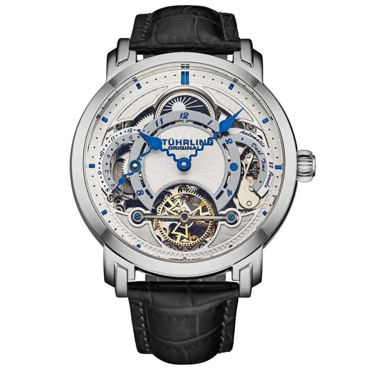 Stuhrling Legacy Dual Time Skeleton Watch Black/leather White Dial Wristwatch 1017.01