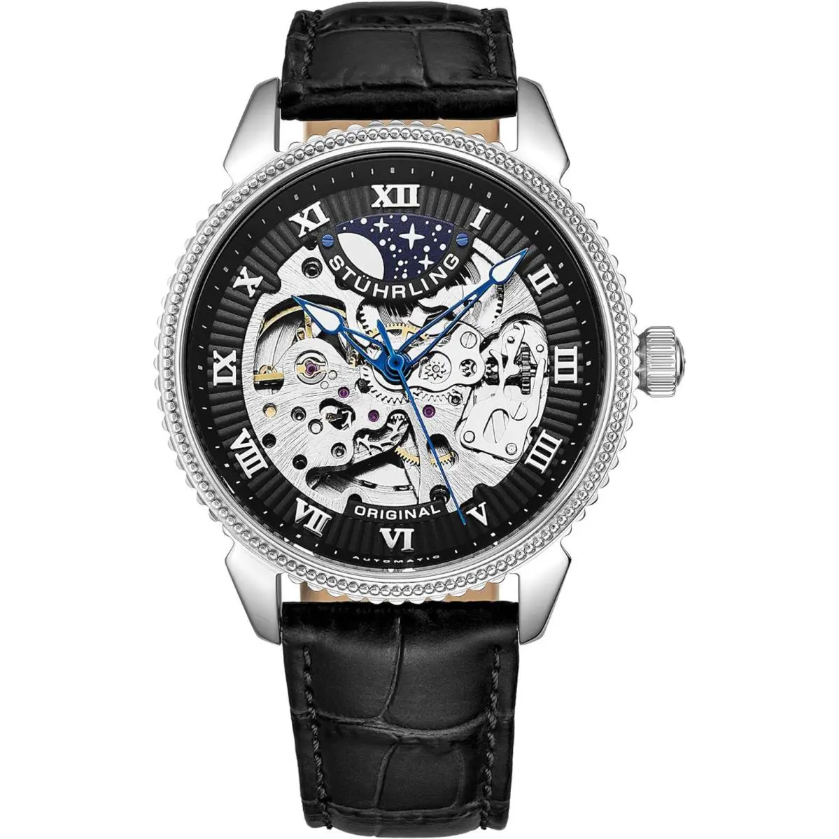 Stuhrling Legacy 3983 Silver Case/leather Strap/ Brass Dial Black Dial Wristwatch 3983.3