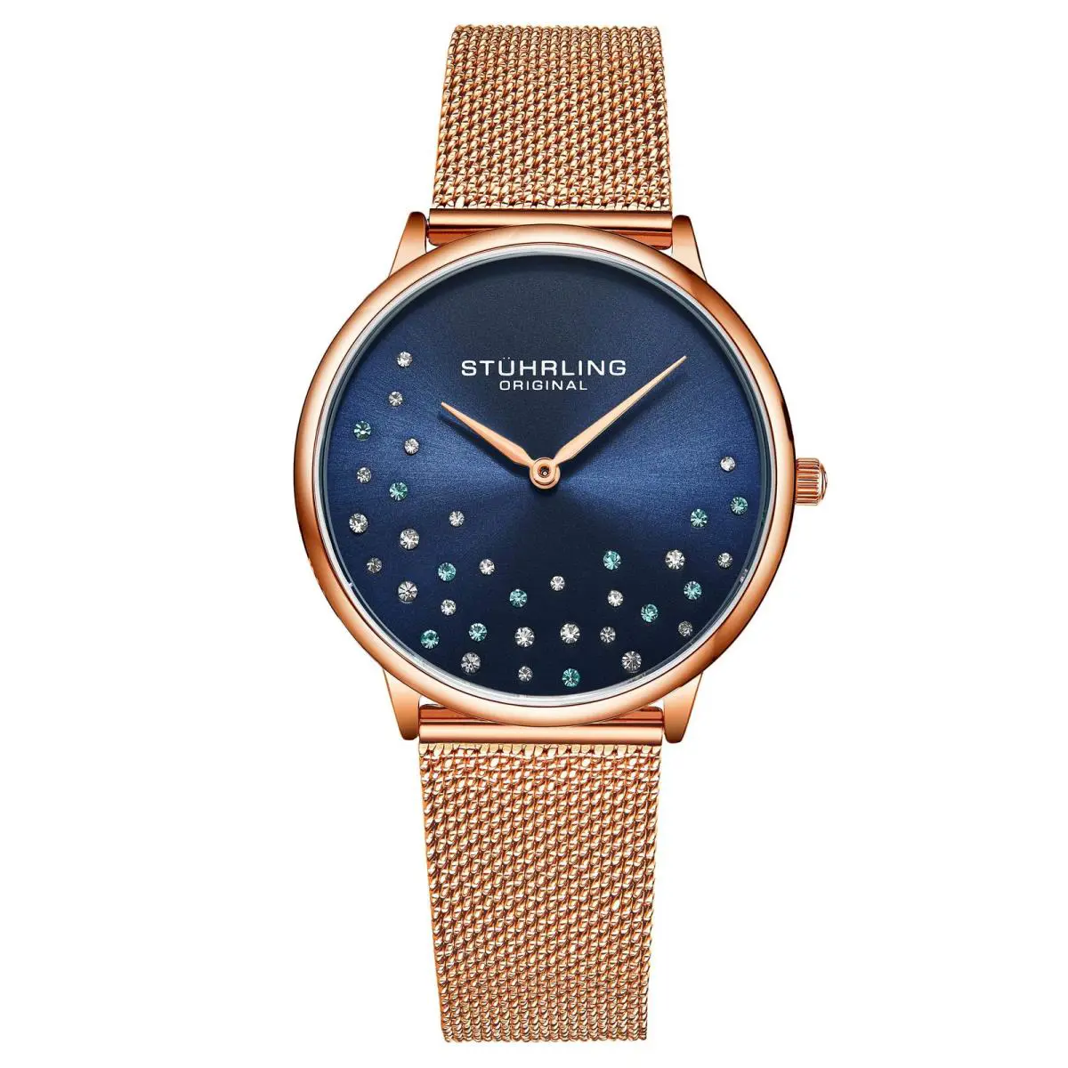 Stuhrling Symphony Quartz Classic Rose/blue Blue Dial Wristwatch 3928.4 - Dial: Blue, Band: Rose Gold