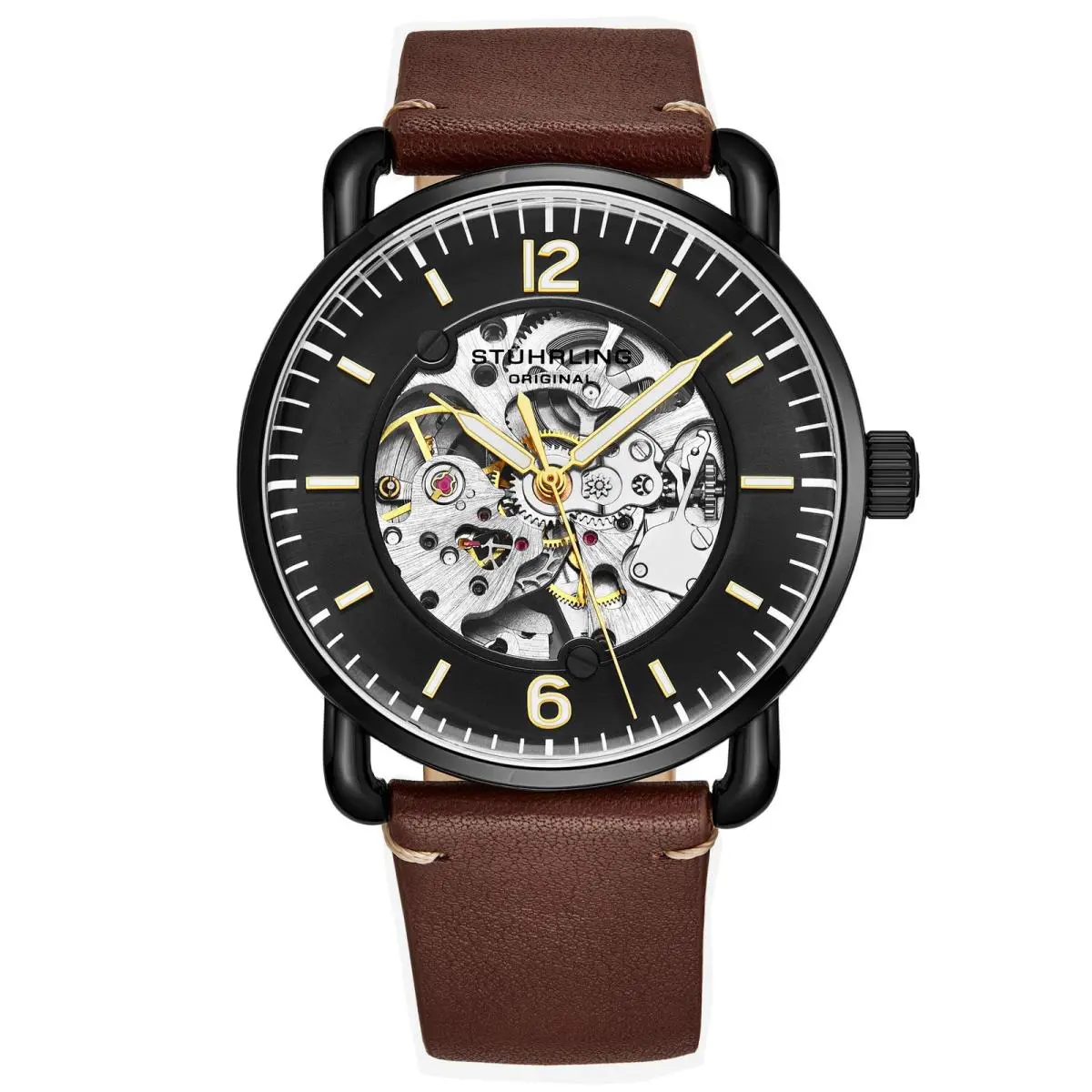 Stuhrling Legacy Brown/black/gold Black Dial Wristwatch 3972.3