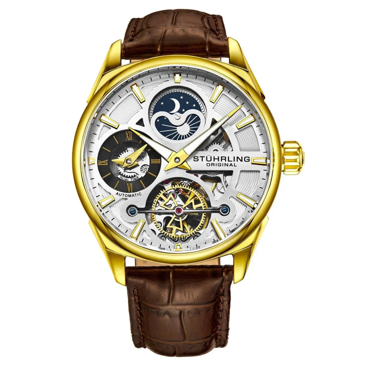 Stuhrling Legacy Brown/leather/silver Dial/gold Case 3918.3 Silver Dial Wristwatch 3918