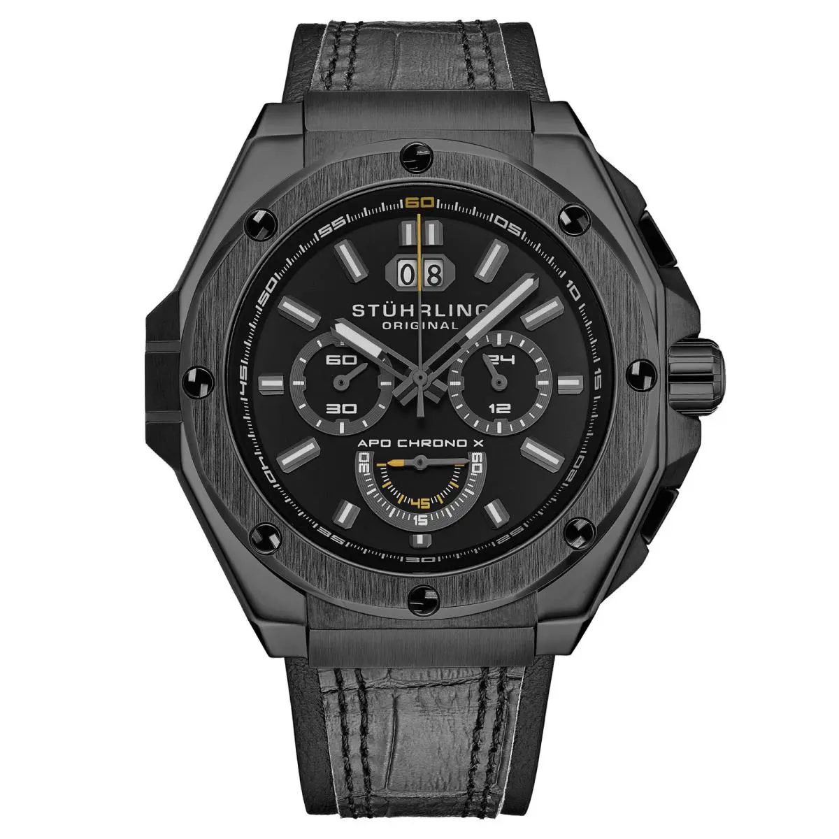 Stuhrling Mens Sport Watch Grey/leather Black Dial Wristwatch 1018.03