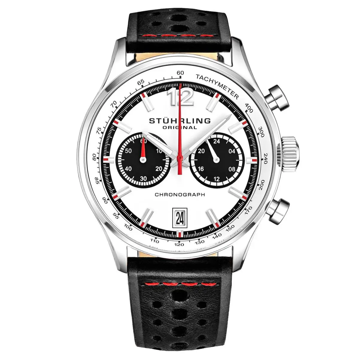 Stuhrling Monaco Black/leather/white Dial/silver Case 933.01 White Dial Wristwatch 933.0