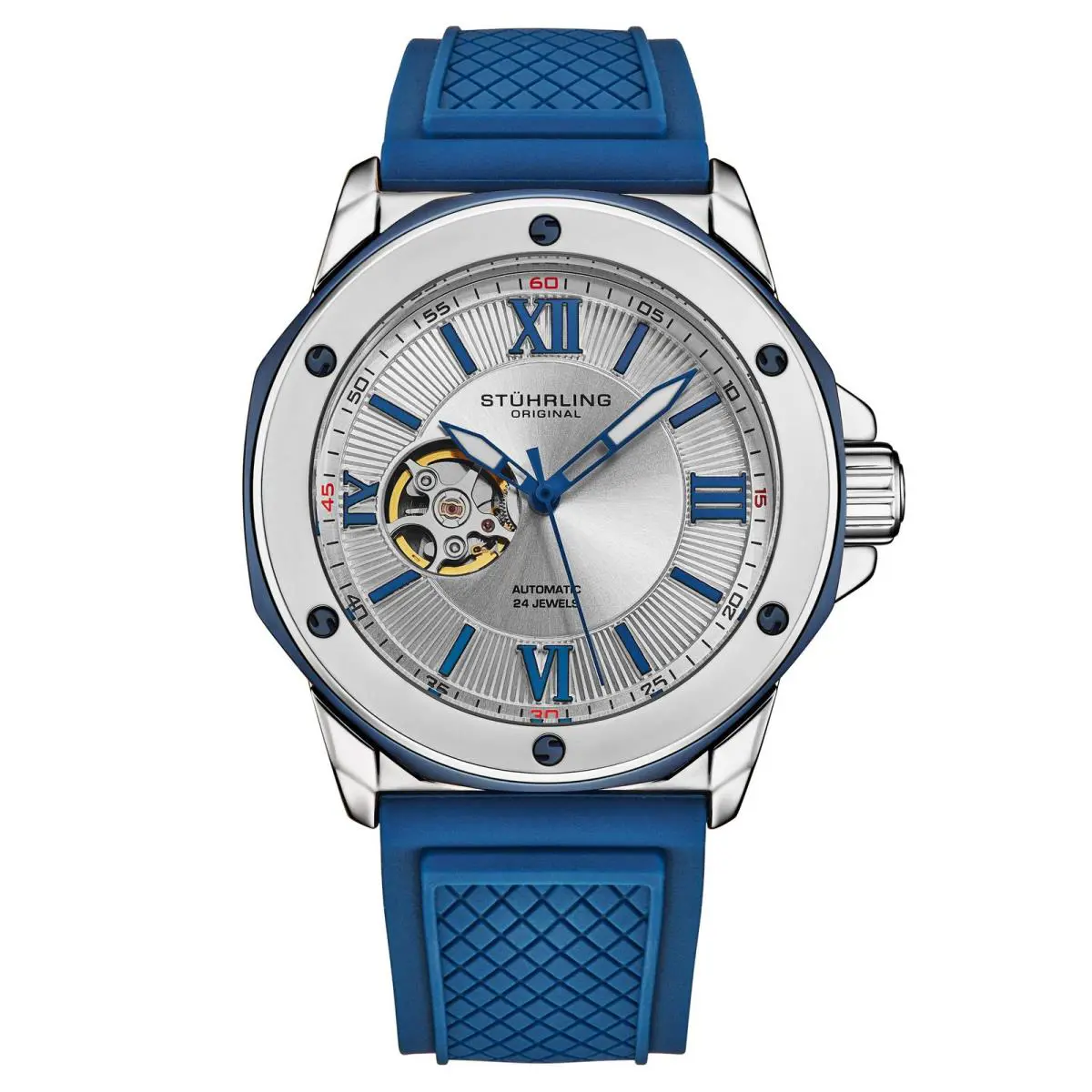 Stuhrling Edwardian Automatic 44mm Skeleton Blue/silver Silver Dial Wristwatch 4056.2 - Dial: Gray, Band: Blue