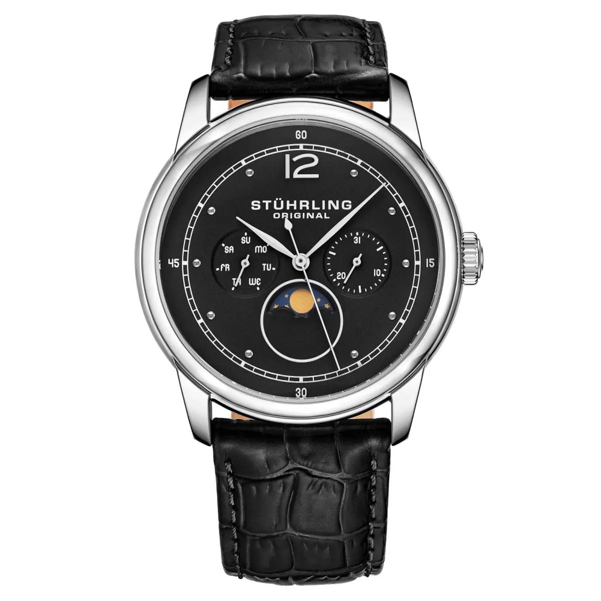 Stuhrling Symphony Black/leather/black Dial/silver Case 898.02 Black Dial Wristwatch 898