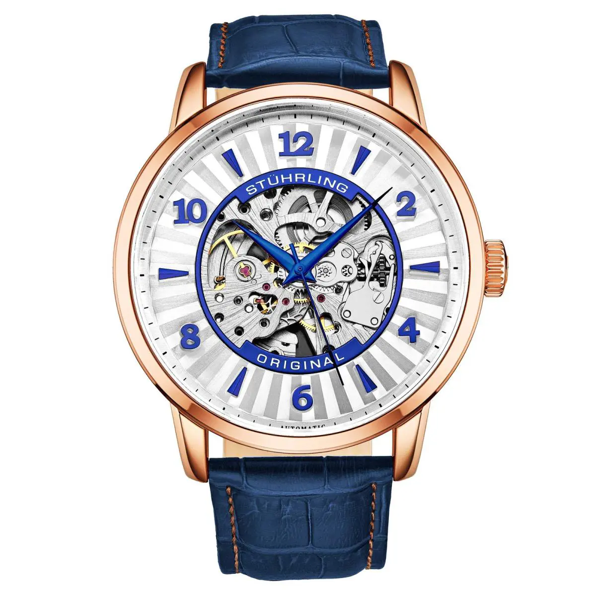Stuhrling Legacy Blue/silver/rg Leather Silver Dial Wristwatch 3973.4