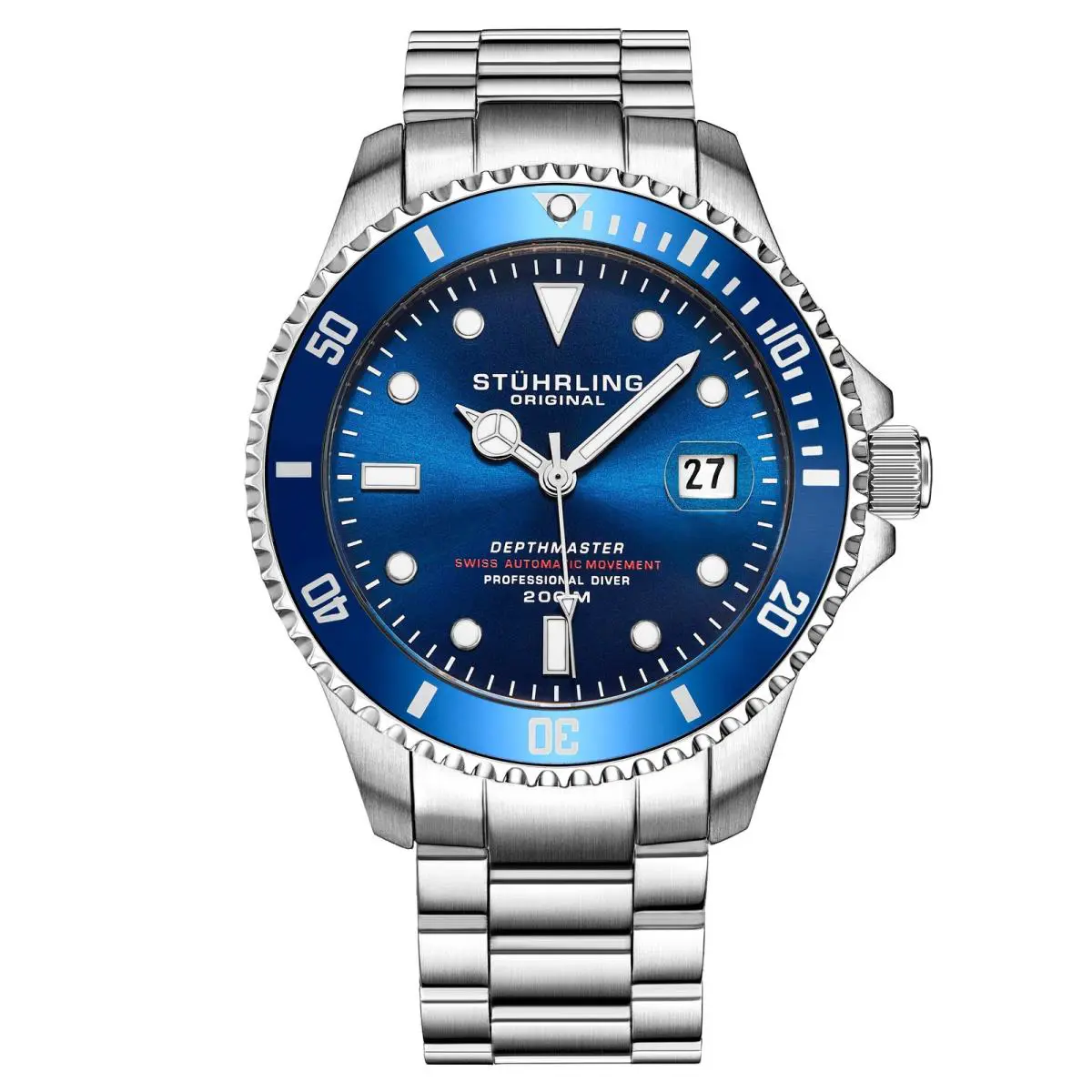 Stuhrling Aquadiver Silver/blue Stainless Steel Blue Dial Wristwatch 883.02
