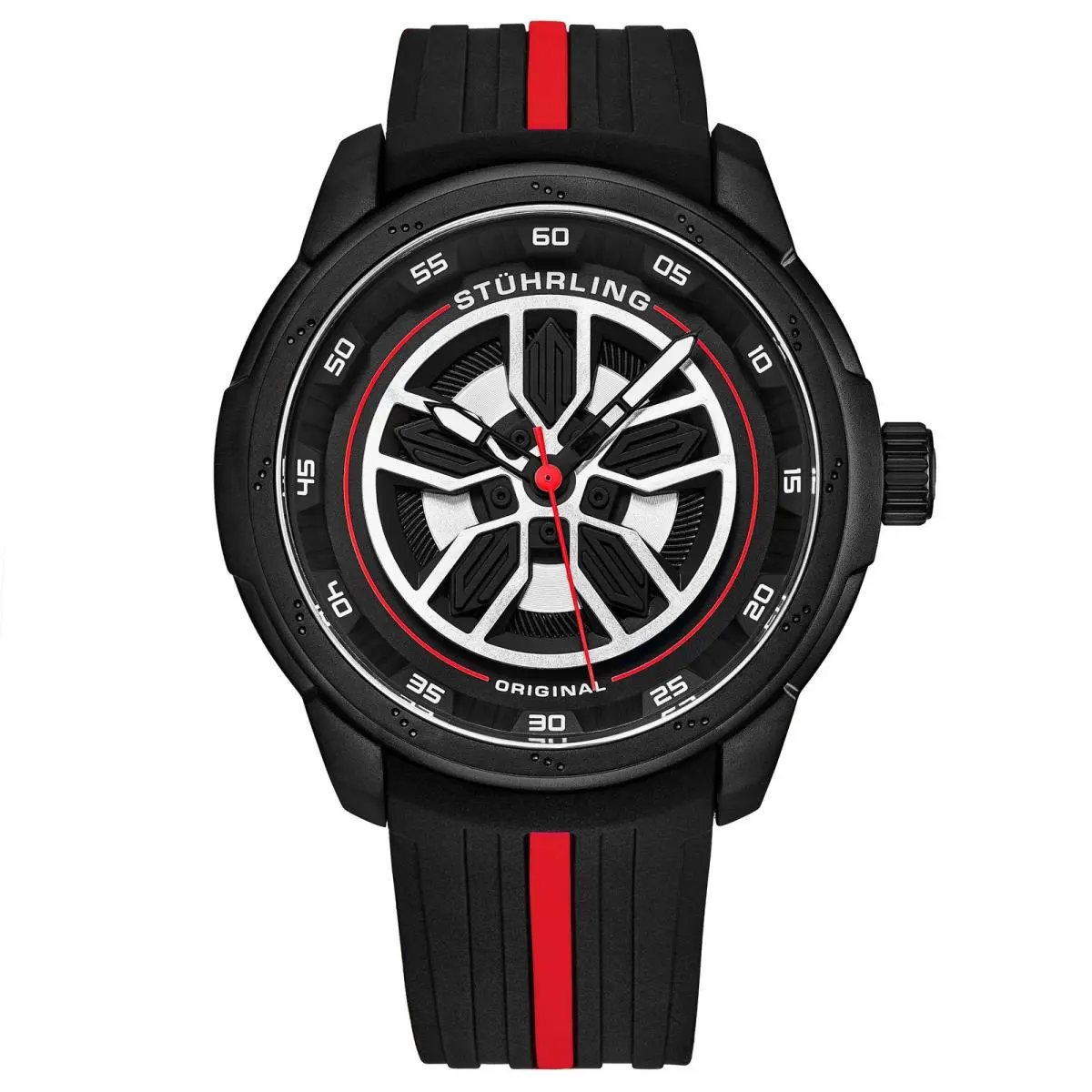Stuhrling Aviator Black and Red/rubber/black/silver Dial/black Case Black Dial Wristwatc - Dial: Black, Band: Black
