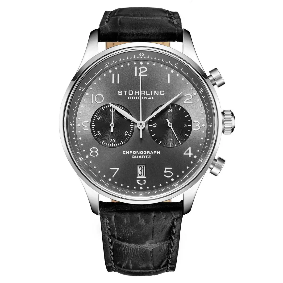 Stuhrling GR1-Q Quartz 42mm Chronograph Black/leather Gunmetal Dial Wristwatch 4012.2