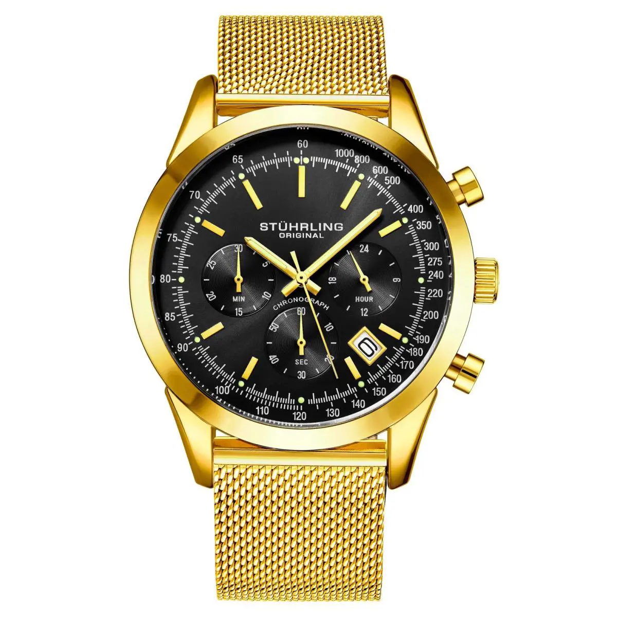Stuhrling Rialto 3975 Quartz 44mm Chronograph Gold/blacl Black Dial Wristwatch 3975.7