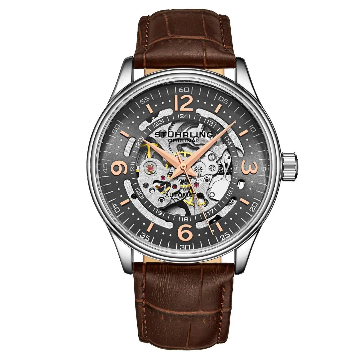 Stuhrling Denmark 3947 Automatic 42mm Skeleton Brown/leather Gray Dial Wristwatch 3947.3 - Dial: Gray, Band: Brown