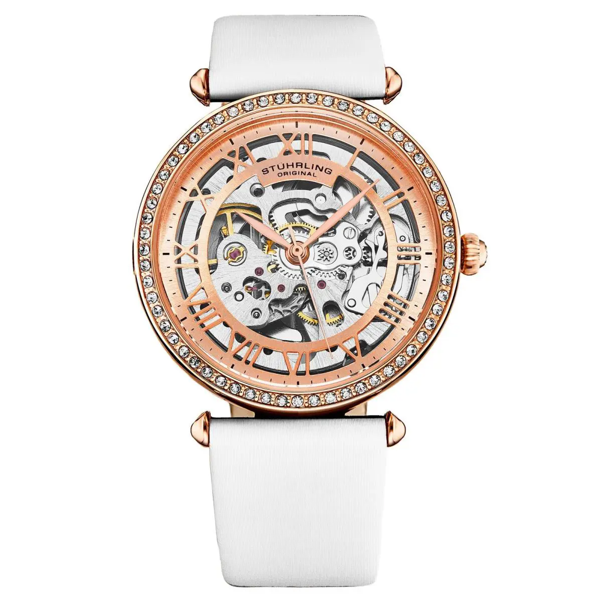Stuhrling Luxe Automatic Skeleton White/leather Rose Dial Wristwatch 4022.3 - Dial: Red, Band: White