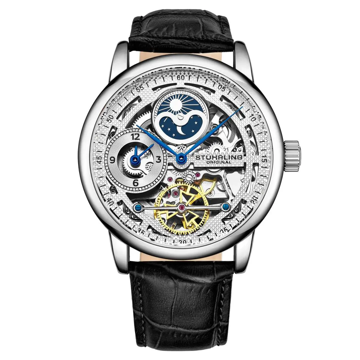 Stuhrling Legacy Black/leather/silver Dial/silver Case 3917.1 Silver Dial Wristwatch 391