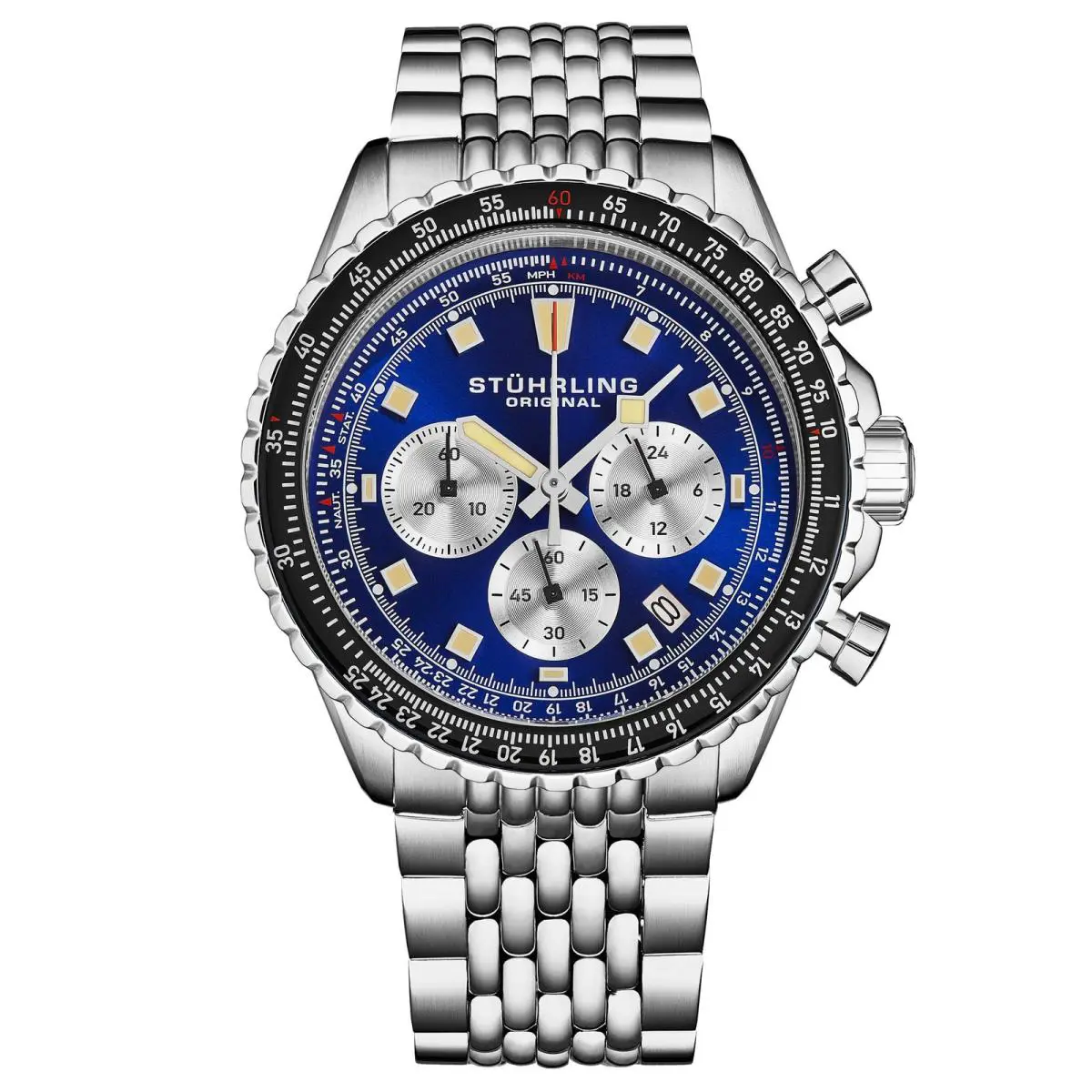 Stuhrling Japanese Chronograph Raceway 44mm Quartz Watch Blue/stainless Steel Blue Dial - Dial: Blue, Band: Silver