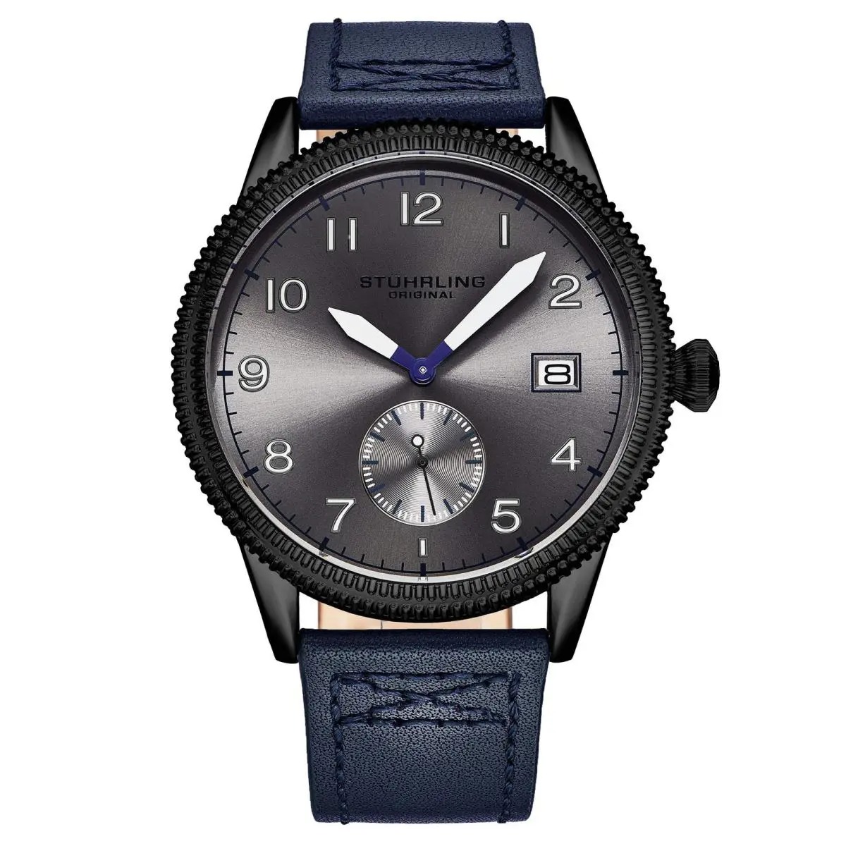 Stuhrling Aviator 4011 Quartz 44mm Blue/leather Gray Dial Wristwatch 4011.3