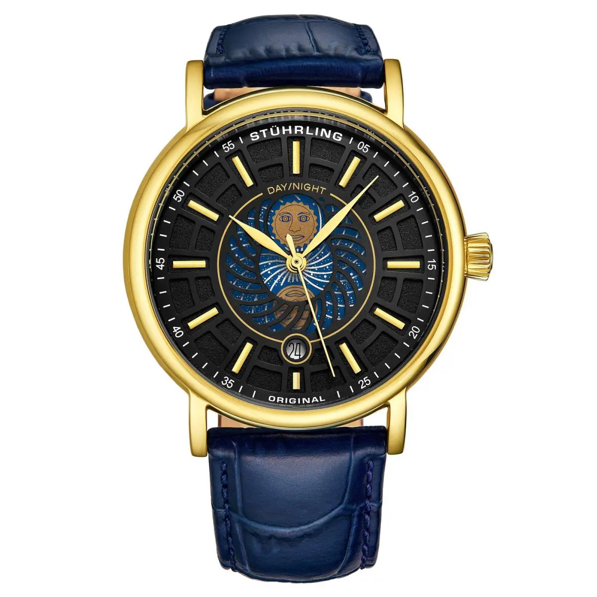 Stuhrling Symphony Gold Case/leather Strap/ Brass Dial Black Dial Wristwatch 899.04