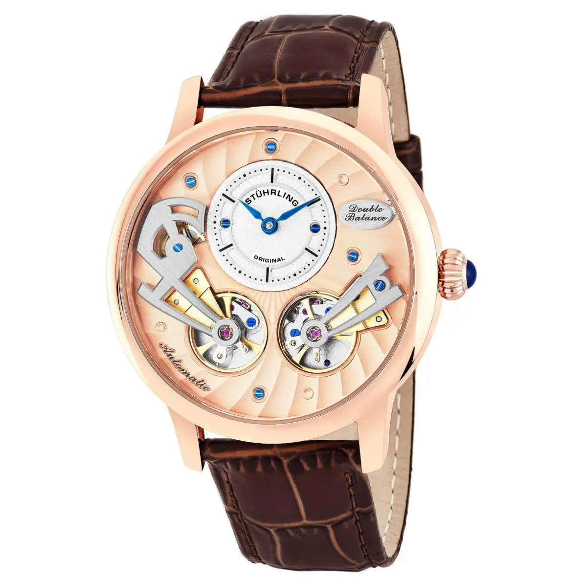 Stuhrling Legacy Rose Gold Case/leather Strap/ Brass Dial Semi-transparent Dial Wristwat