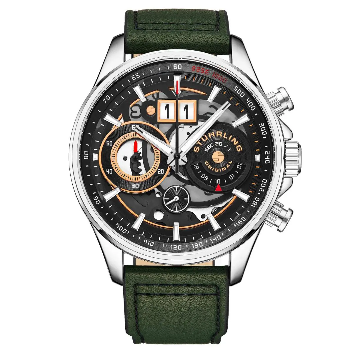 Stuhrling Aviator Green/leather Black Dial Wristwatch 923.02 - Dial: Black, Band: Green