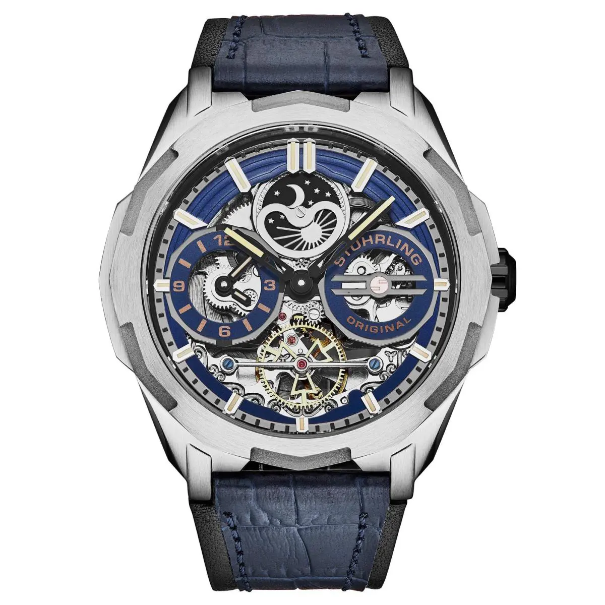 Stuhrling Dual Time Automatic Navigator 46mm Skeleton Blue/ Leather Blue Dial Wristwatch by Stührling