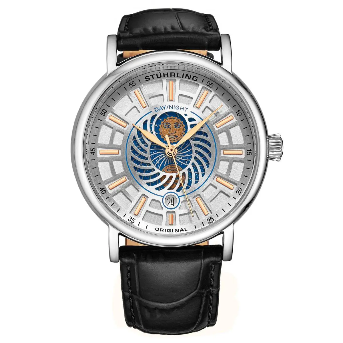 Stuhrling Symphony Silver Case/leather Strap/ Brass Dial White Dial Wristwatch 899.01