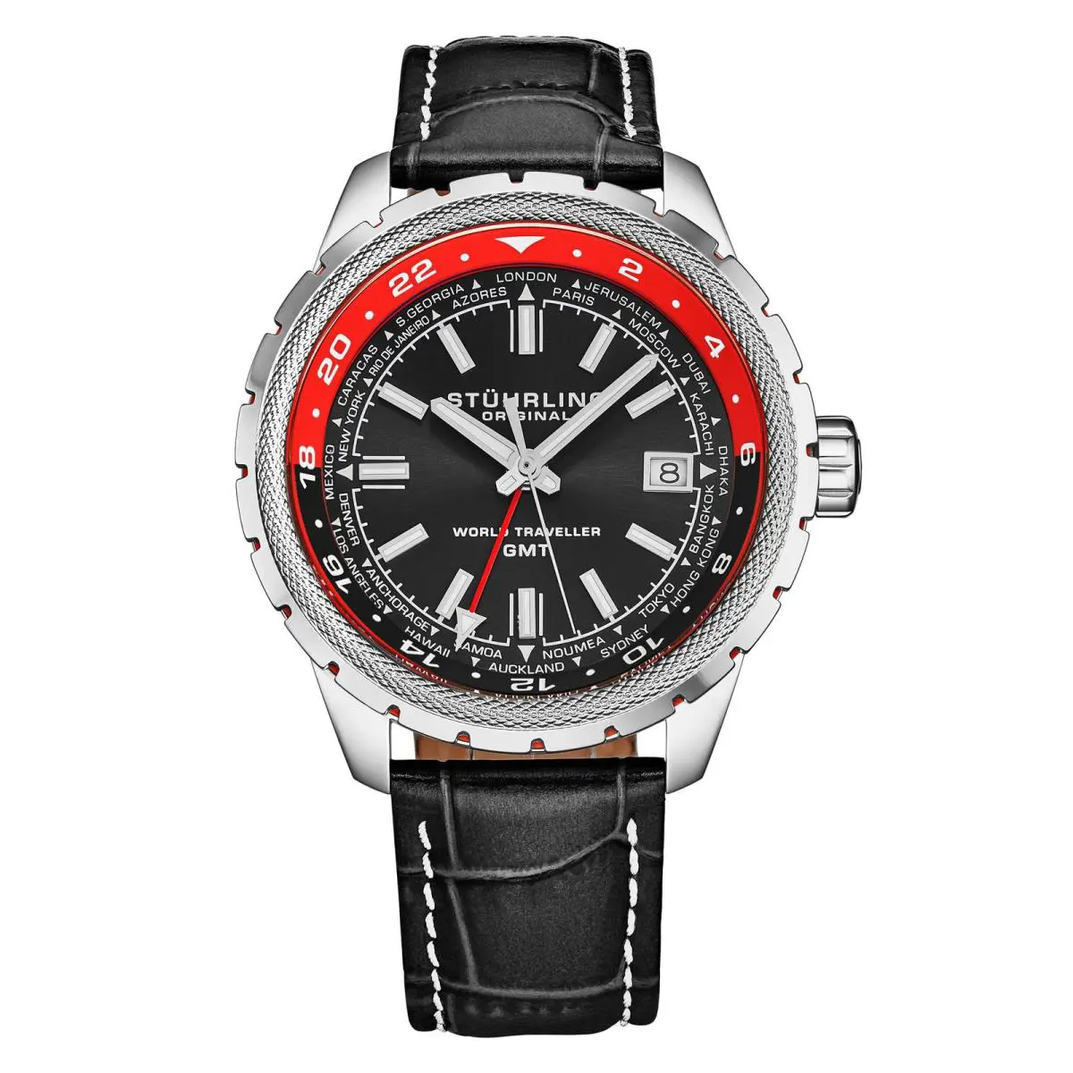 Stuhrling Global Voyager Gmt 42mm World Timer Watch Black/red Black Dial Wristwatch 1014