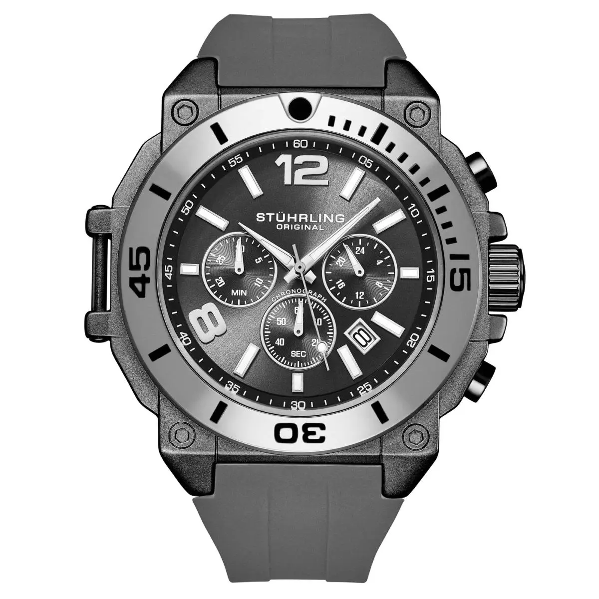 Stuhrling Spectra 50mm Japanese Quartz Chronograph Grey/rubber Gray Dial Wristwatch 4054