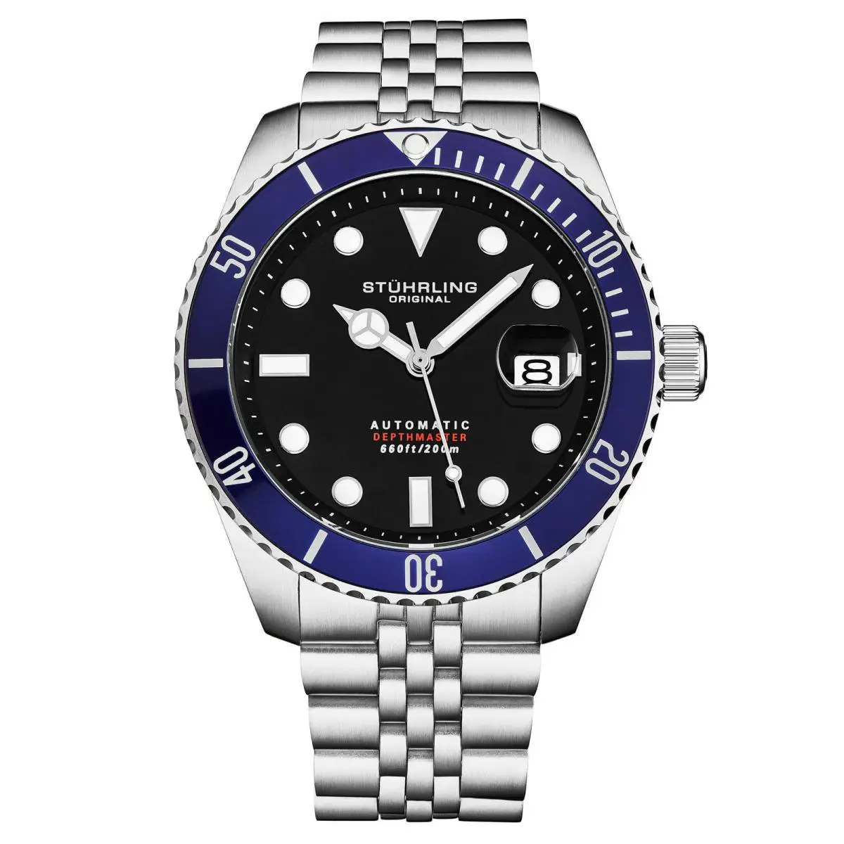 Stuhrling Automatic Depthmaster Blue/black Black Dial Wristwatch 4045.2 - Dial: Black, Band: Silver