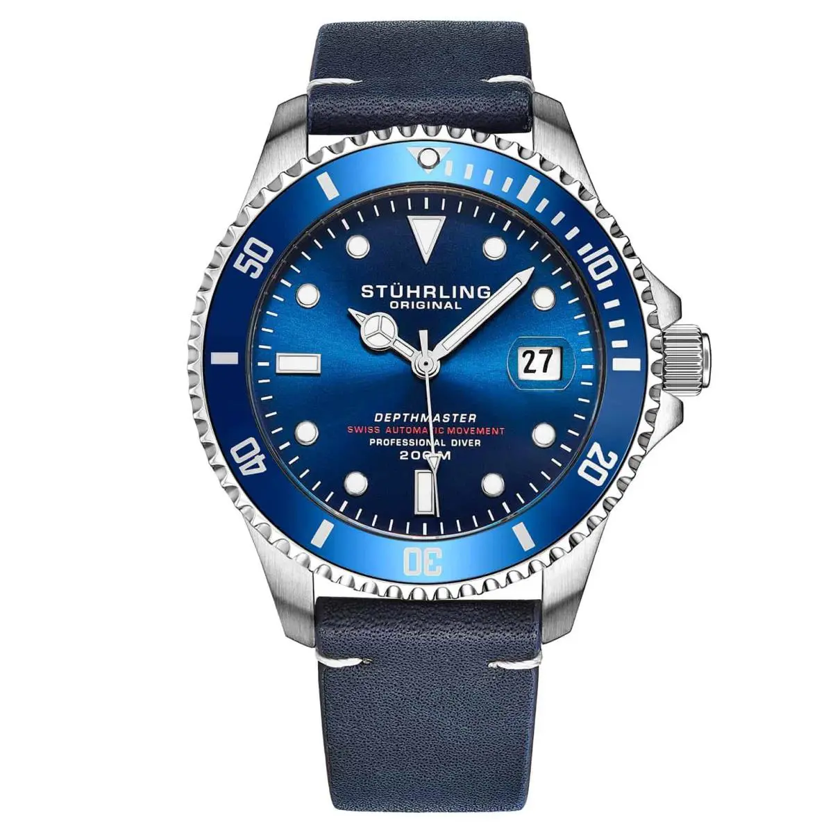 Stuhrling Swiss Automatic Depthmaster 883 42mm Diver Blue/leather Blue Dial Wristwatch 8 by Stührling