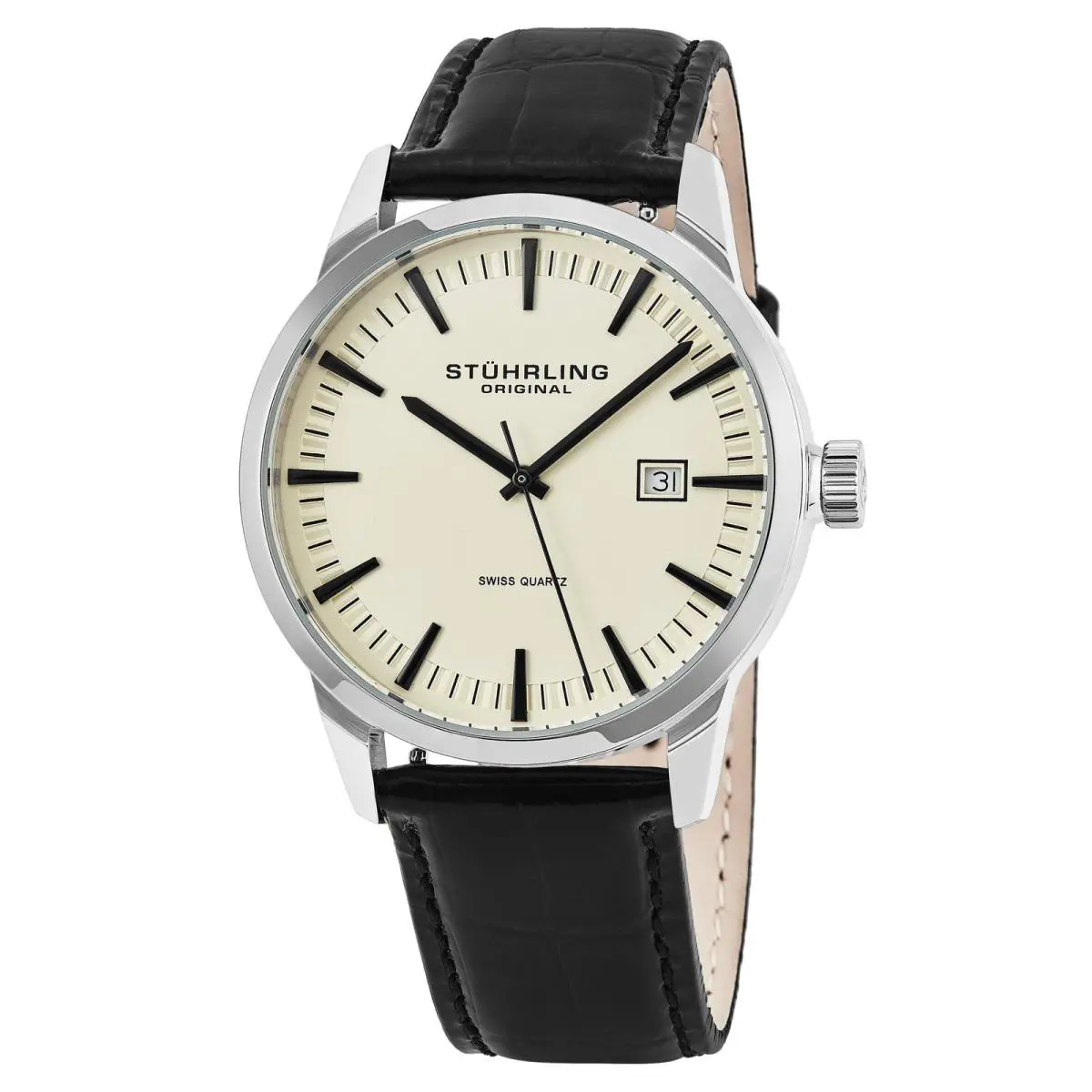 Stuhrling Symphony Black/leather/ivory Dial/silver Case Ivory Dial Wristwatch 555A.03