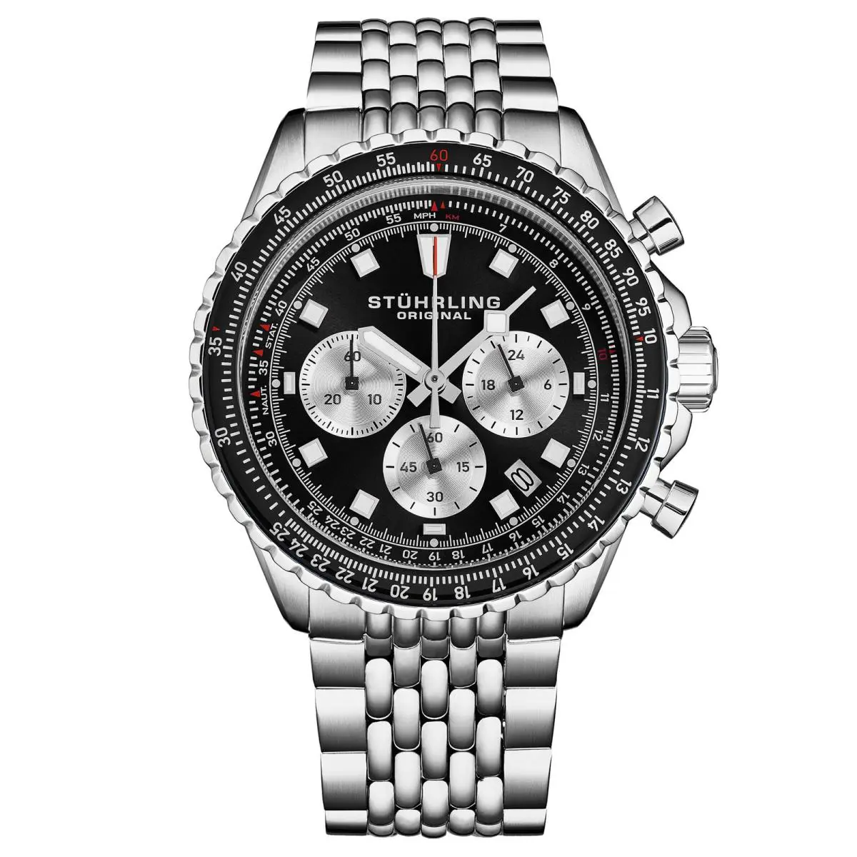 Stuhrling Japanese Chronograph Raceway 44mm Quartz Watch Black/stainless Steel Black Dia - Dial: Black, Band: Silver