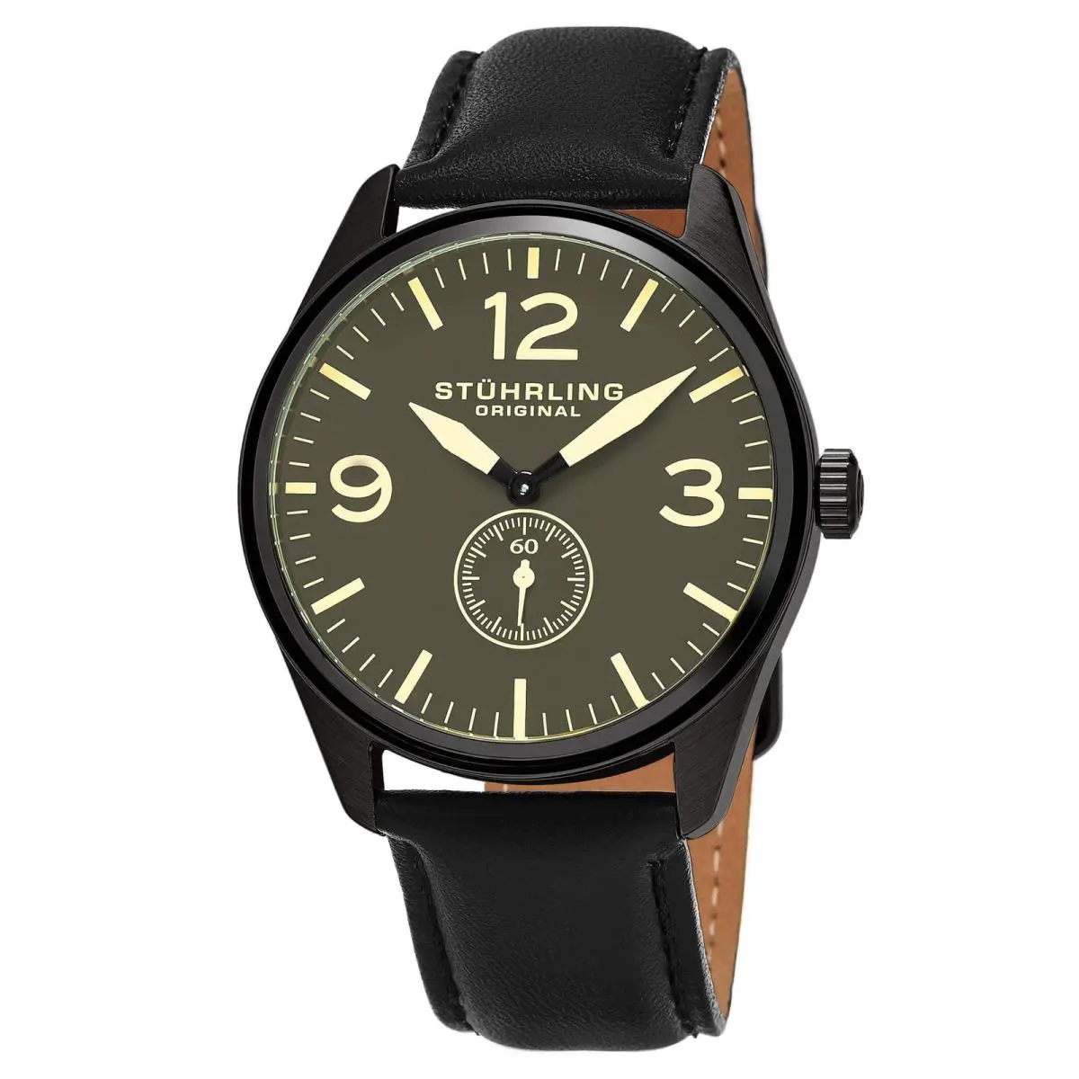 Stuhrling Aviator Black/leather/brown Dial/black Case Brown Dial Wristwatch 931.02 - Dial: Brown, Band: Black