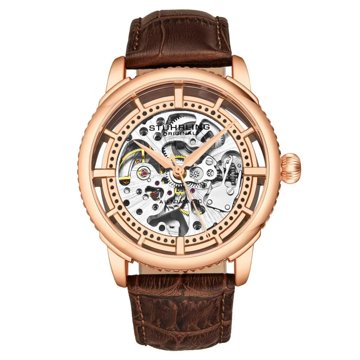 Stuhrling Legacy Automatic Skeleton Watch Brown/leather Salmon Dial Wristwatch 3933.4