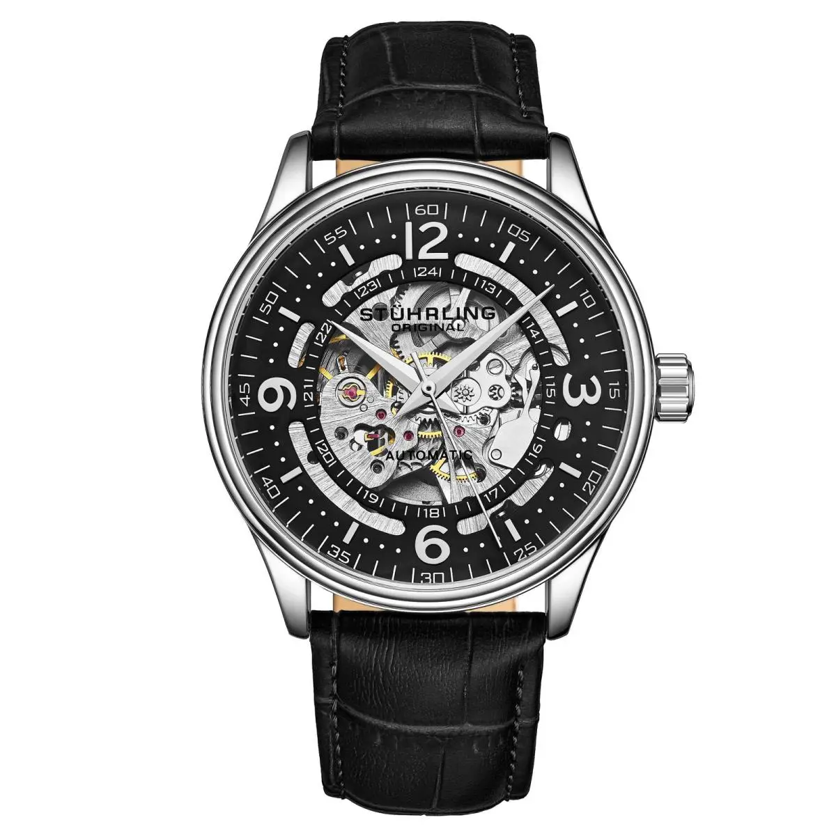 Stuhrling Denmark Automatic Skeleton Watch Black/leather Black Dial Wristwatch 3947.2