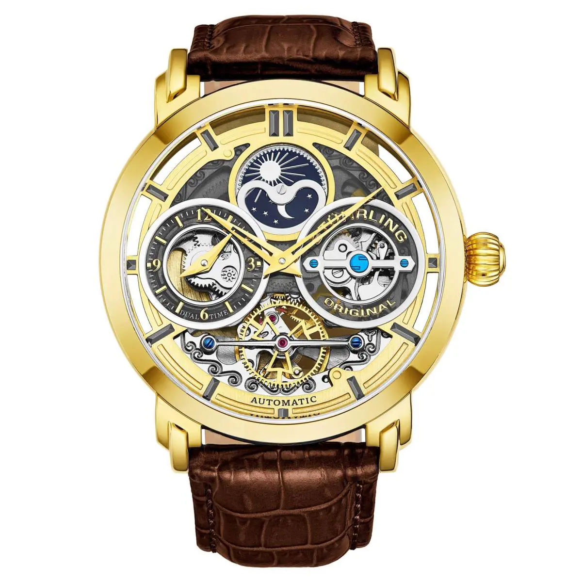 Stuhrling Legacy Brown/gold Leather Gold Dial Wristwatch 371A.03