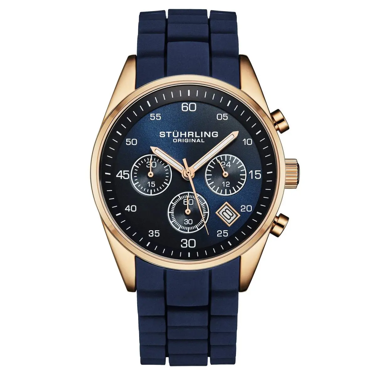 Stuhrling Tempo Chronograph 42mm Blue/rose/rubber Blue Dial Wristwatch 4057.3