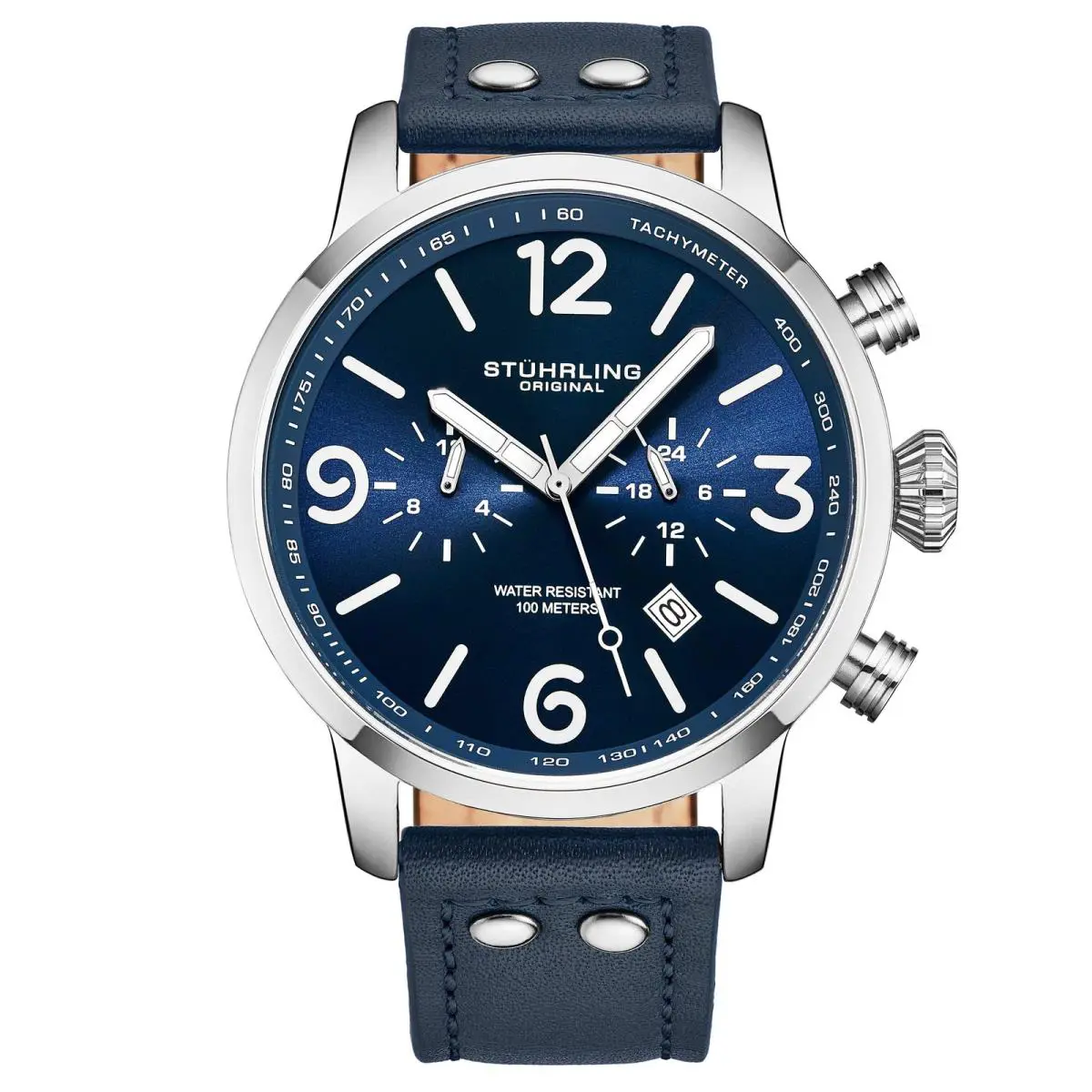 Stuhrling Aviator Blue/ Leather Blue Dial Wristwatch 3956.2