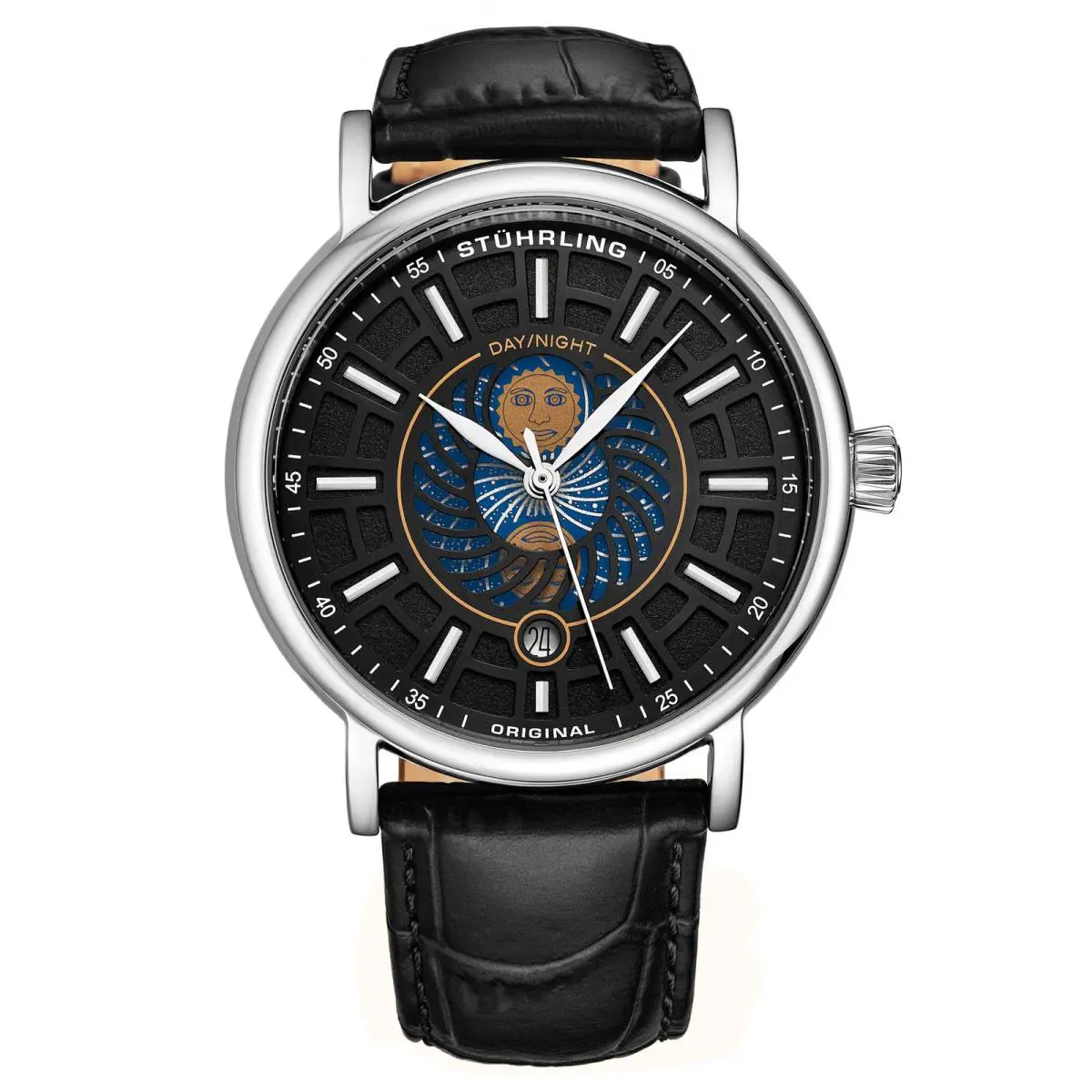 Stuhrling Symphony 899 Silver Case/leather Strap/ Brass Dial Black Dial Wristwatch 899.0