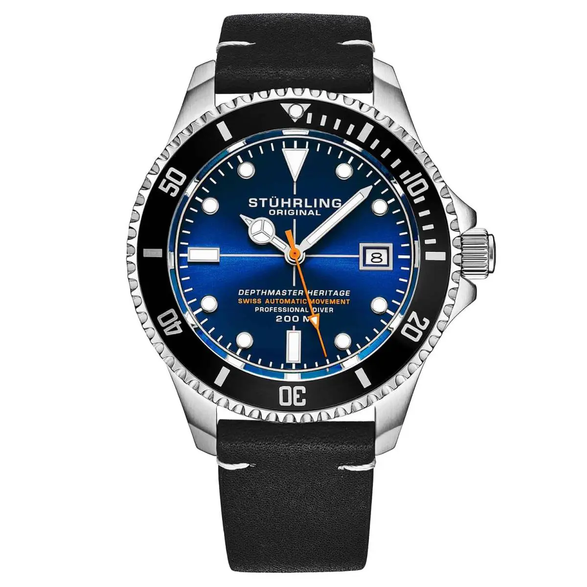 Stuhrling Swiss Automatic Depthmaster Heritage 883H 42mm Diver Black/leather Blue Dial W by Stührling