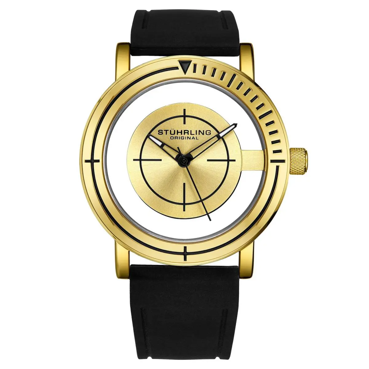 Stuhrling Aviator Black/gold Black/gold/silicone Gold Dial Wristwatch 3915.4 - Dial: Gold, Band: Black
