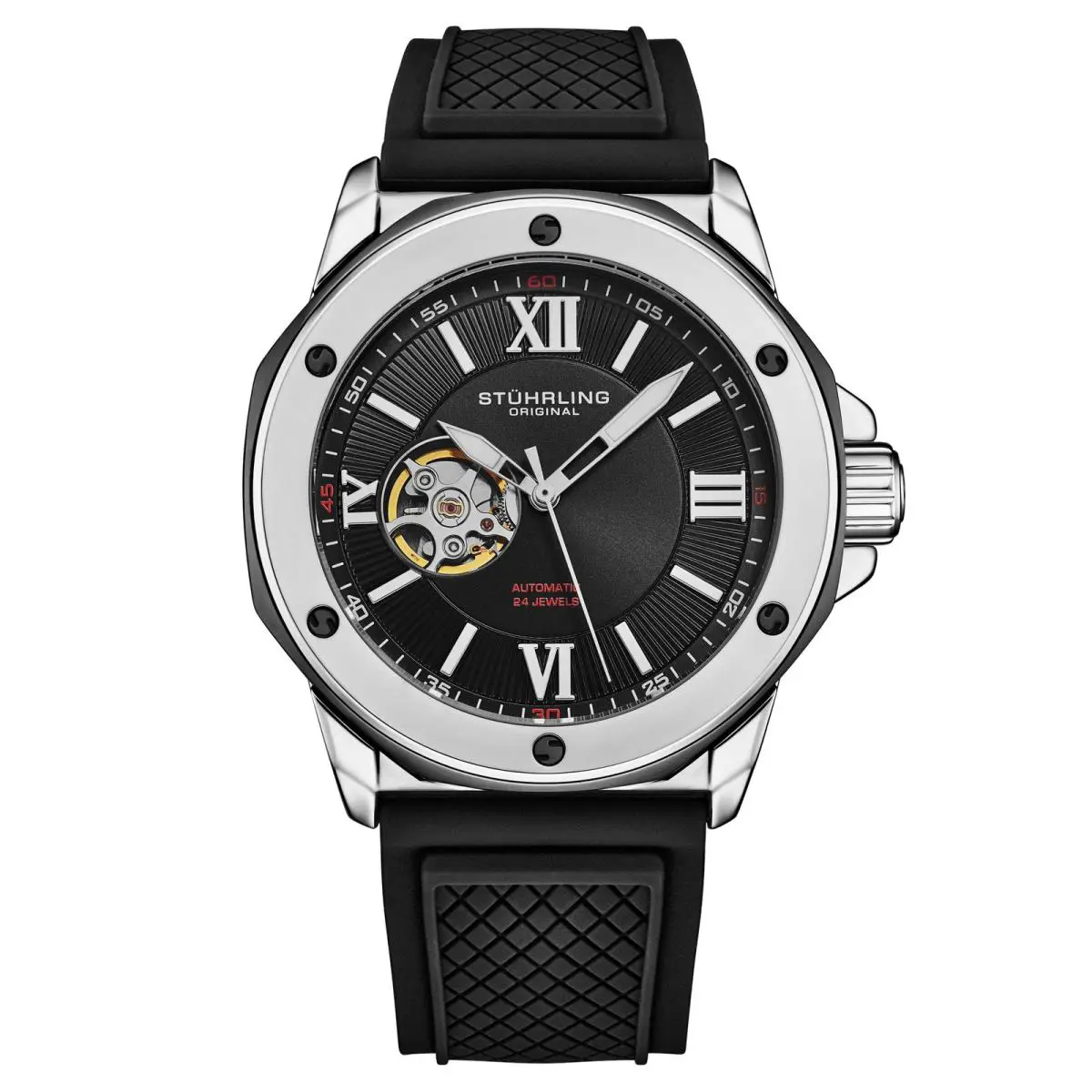 Stuhrling Edwardian Automatic 44mm Skeleton Black/silver Silver Dial Wristwatch 4056.1