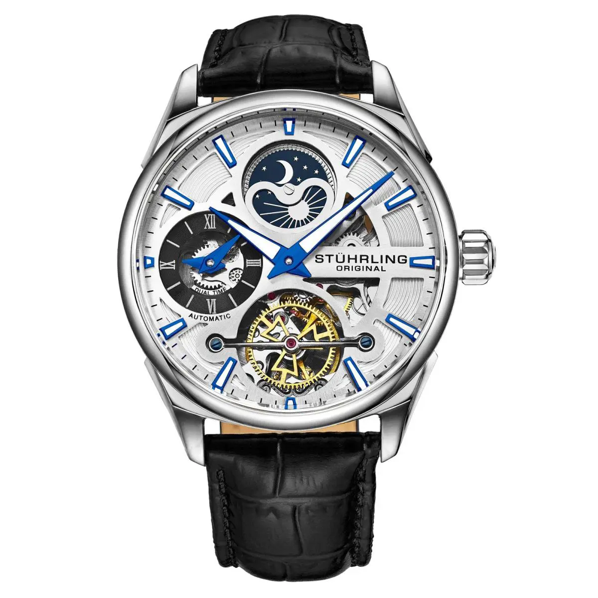 Stuhrling Legacy Black/leather/silver Dial/silver Case 3918.1 Silver Dial Wristwatch 391 by Stührling