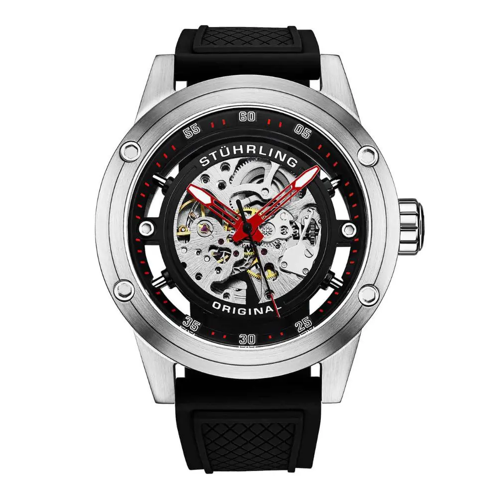 Stuhrling Automatic 50mm Skeleton Silver Black Dial Wristwatch 4034.3