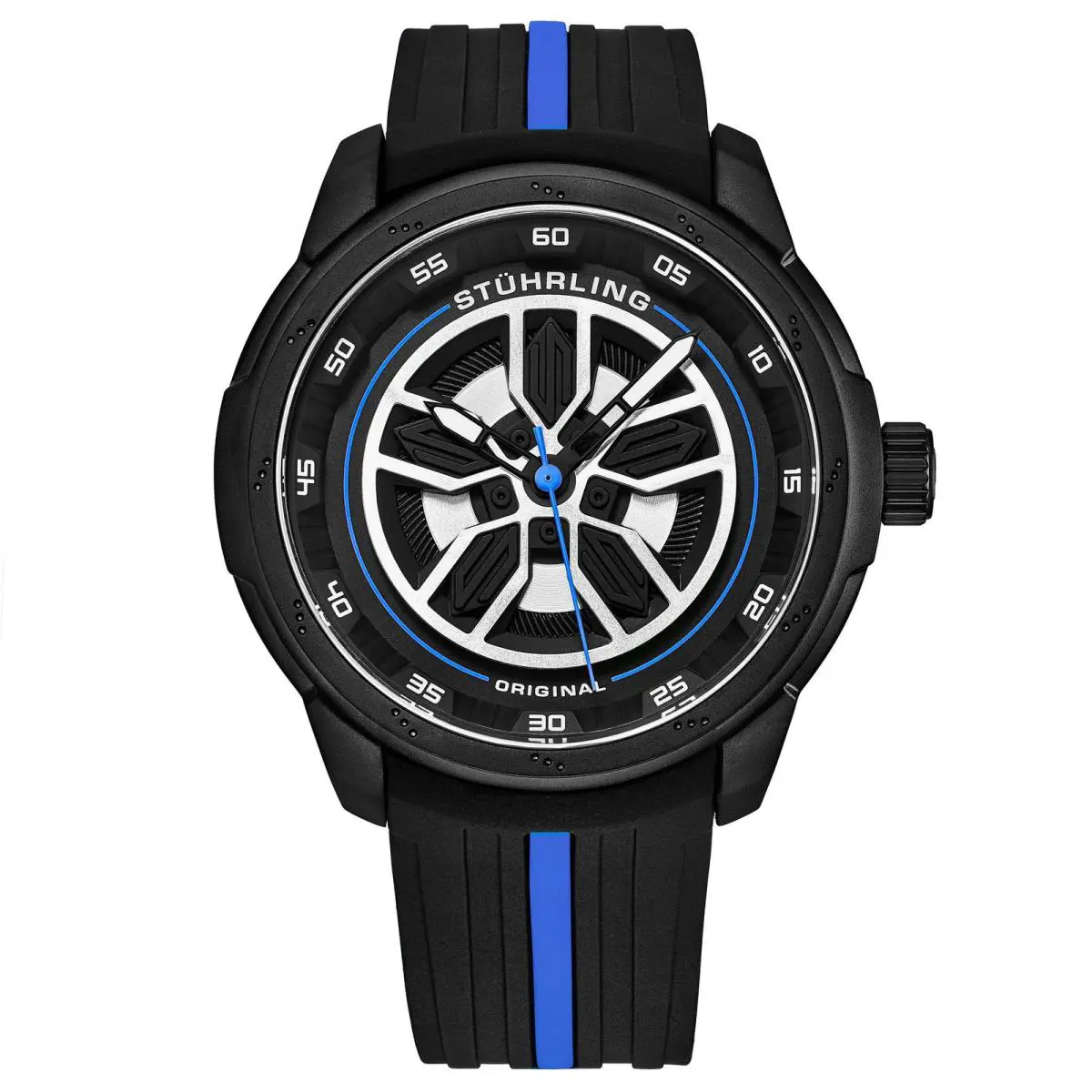 Stuhrling Aviator Black and Blue/rubber/black/silver Dial/black Case Black Dial Wristwat