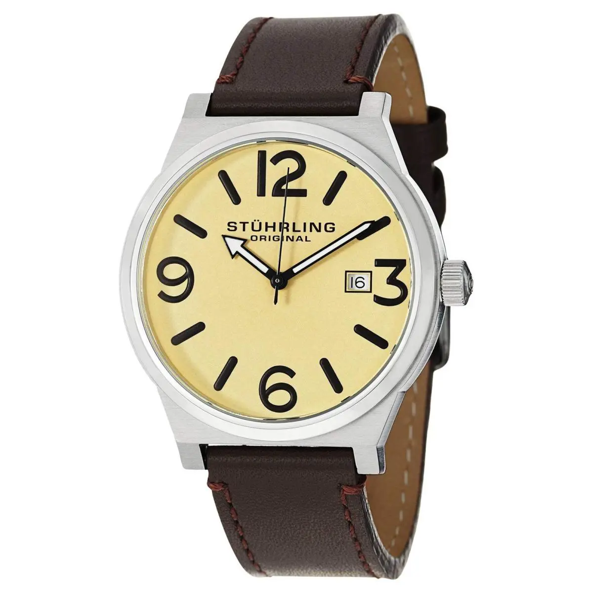 Stuhrling Aviator Brown/leather/champagne Dial/silver Case Champagne Dial Wristwatch 454