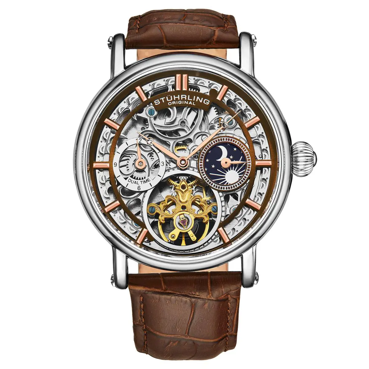 Stuhrling Legacy Automatic 43mm Skeleton Brown/leather Silver Dial Wristwatch 4000.4