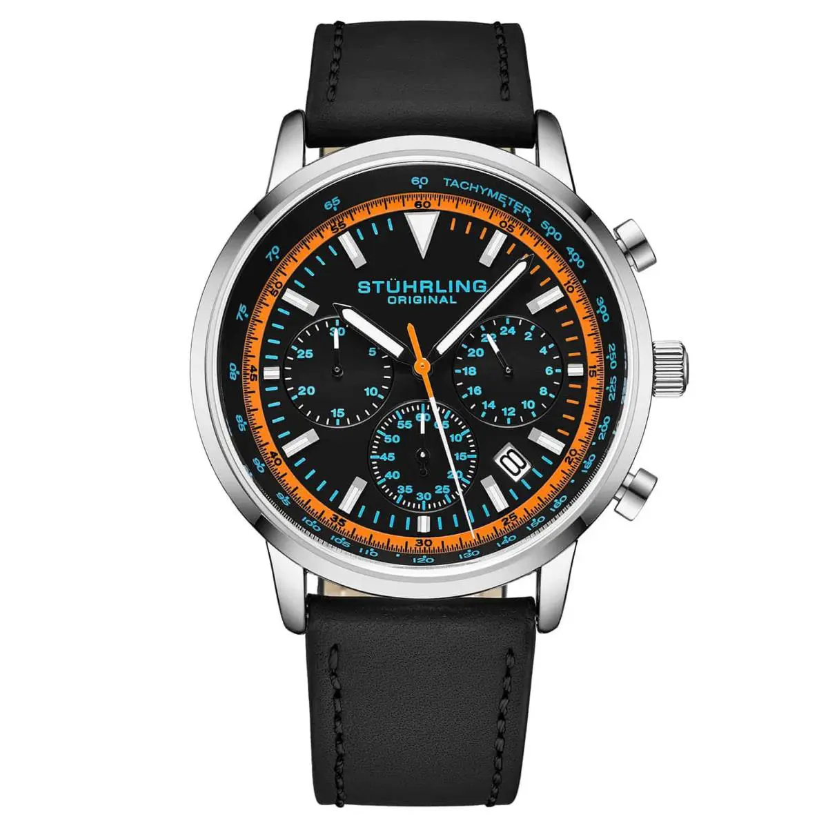 Stuhrling Monaco Black Dial / Black Leather Orange Blue Black Dial Wristwatch 3986L.3
