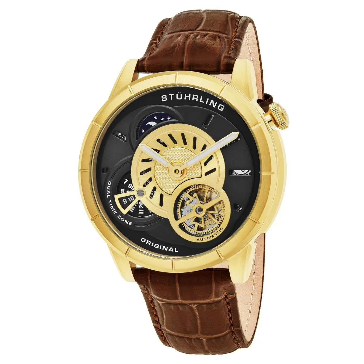 Stuhrling Legacy Brown/black/gold Leather Gold Dial Wristwatch 686.02
