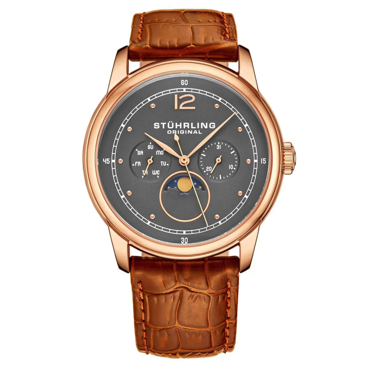 Stuhrling Symphony Light Brown/leather/gun Metal Grey Dial/rose Case Dark Grey Dial Wris - Dial: Gray, Band: Brown