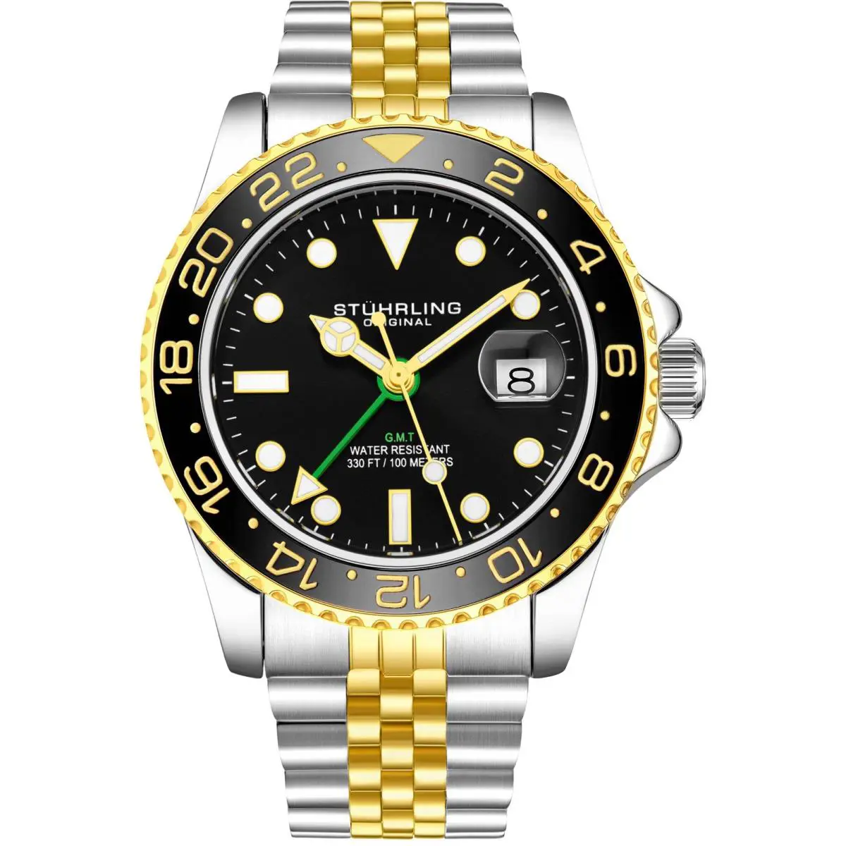 Stuhrling Aquadiver Gmt Two Tone / Black + Gold Bezel Black Dial Wristwatch 3968.3