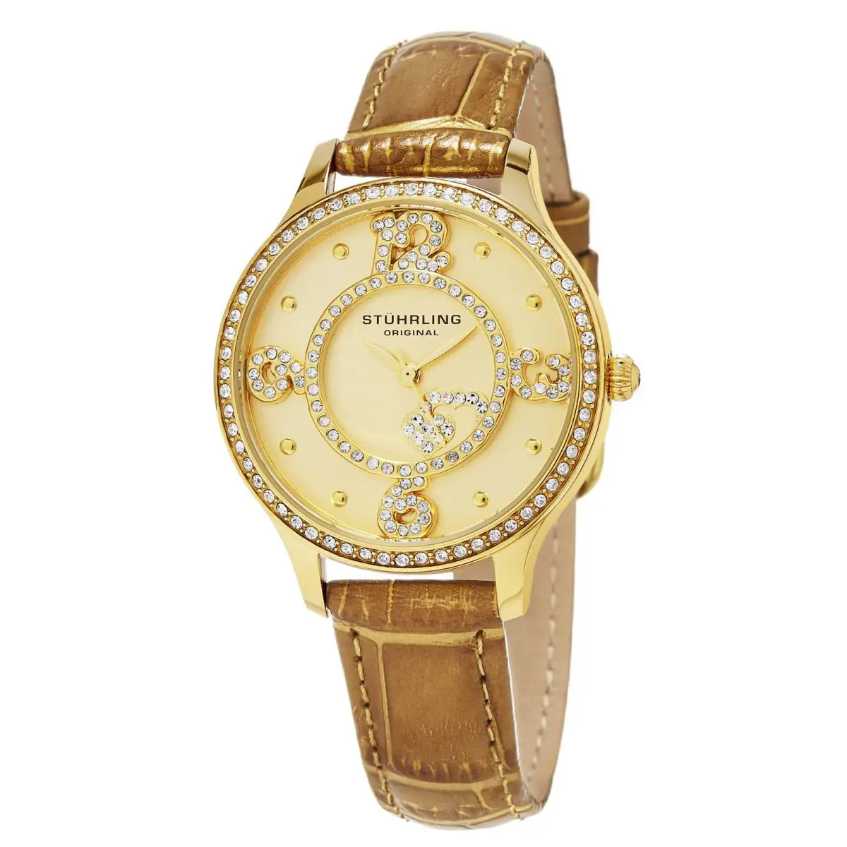 Stuhrling Vogue Brown/leather Gold Dial Wristwatch 760.04 - Dial: Gold, Band: Brown